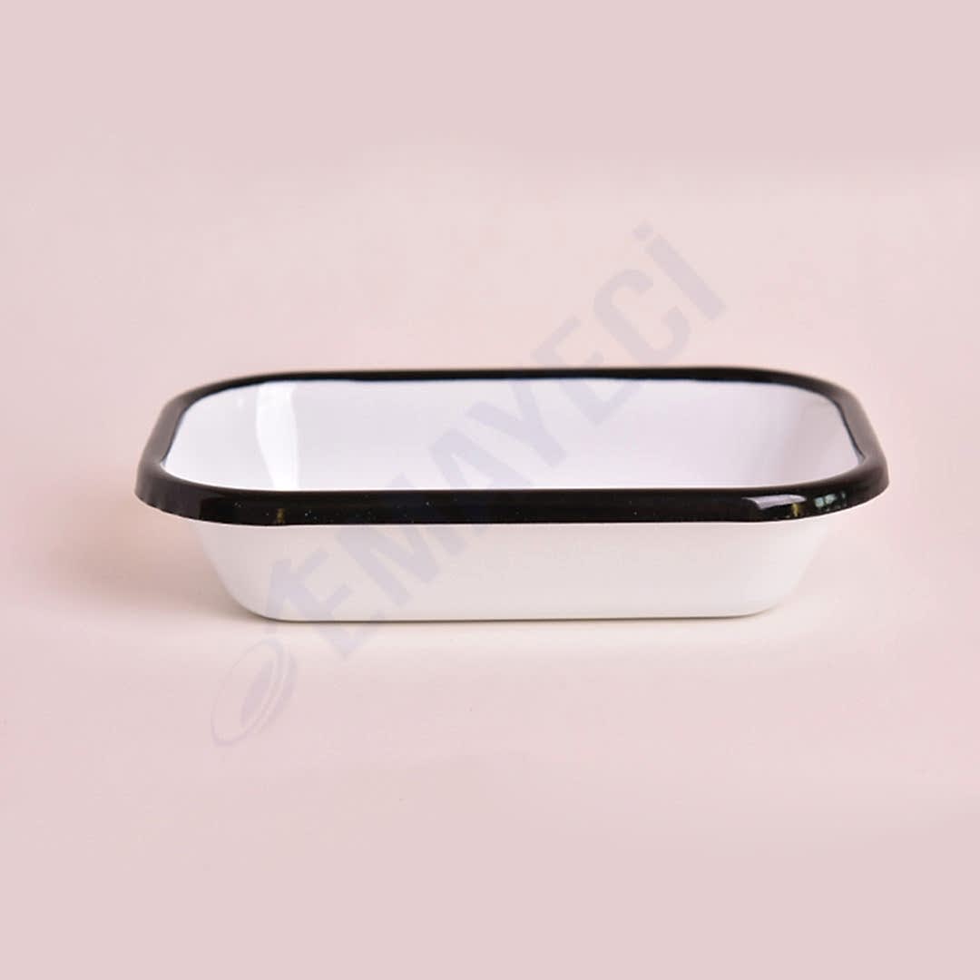 Emaye Dikdörtgen Meze Tabağı Beyaz Kordon Siyah