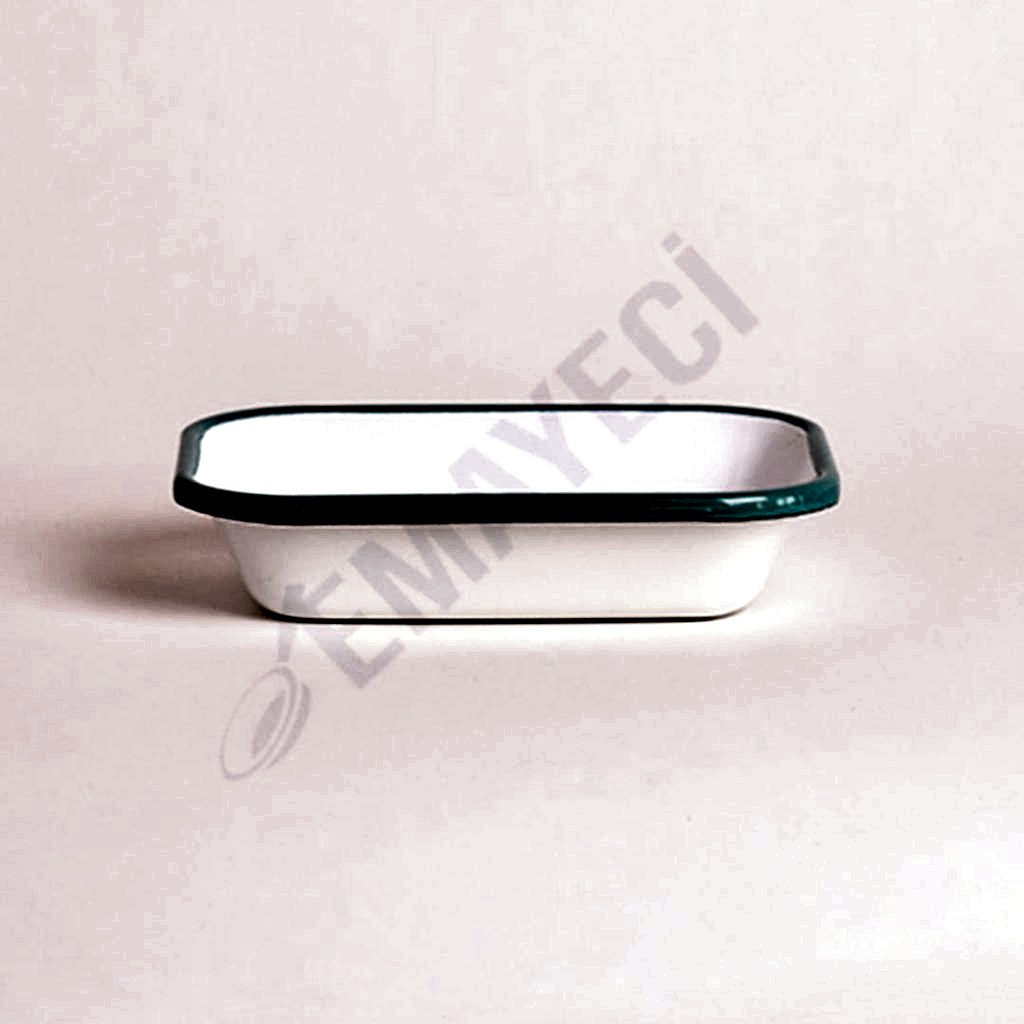 Emaye Dikdörtgen Meze Tabağı Beyaz Kordon Turkuaz