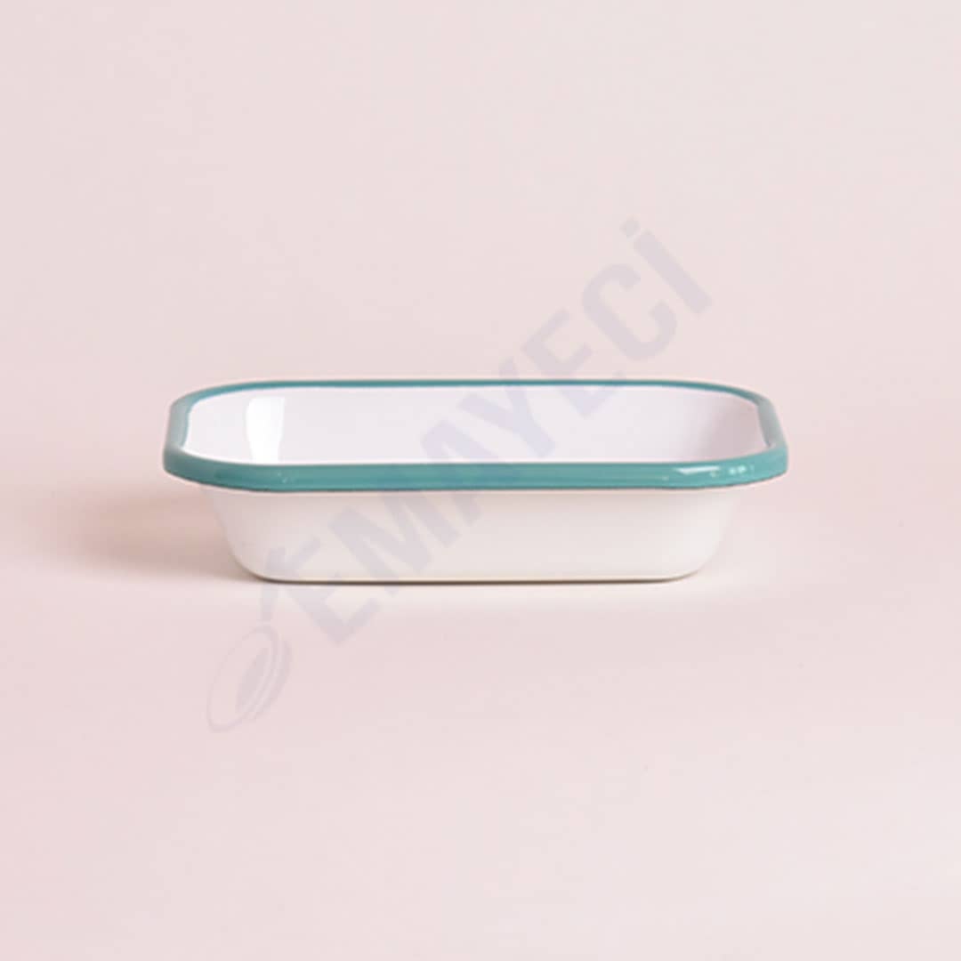 Emaye Dikdörtgen Meze Tabağı Beyaz Kordon Turkuaz