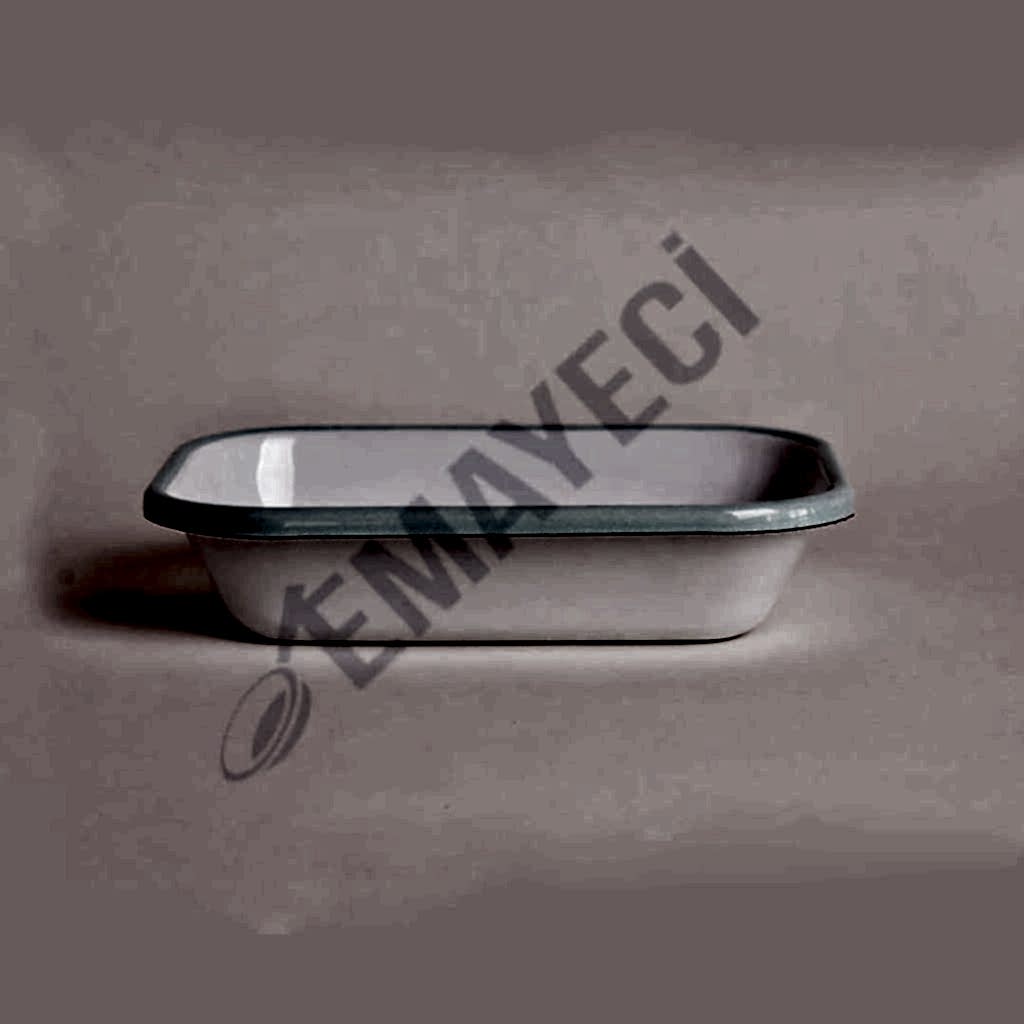 Emaye Dikdörtgen Meze Tabağı Beyaz Kordon Açık Mavi