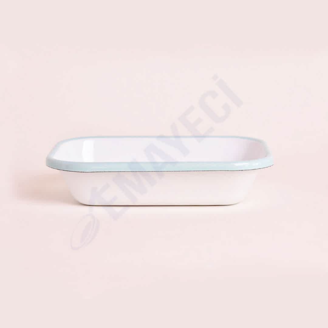 Emaye Dikdörtgen Meze Tabağı Beyaz Kordon Açık Mavi