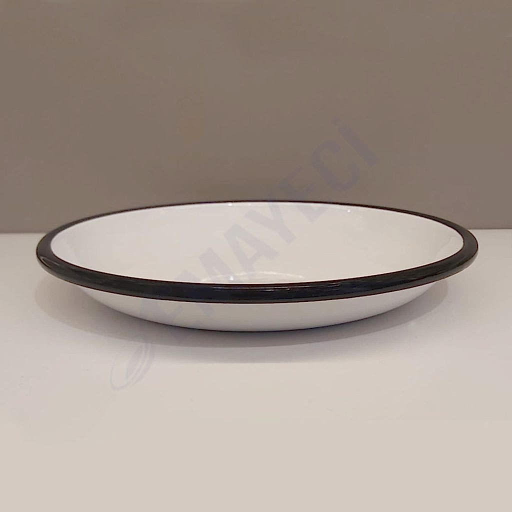 Emaye Derin Düz Servis Tabağı Beyaz Siyah