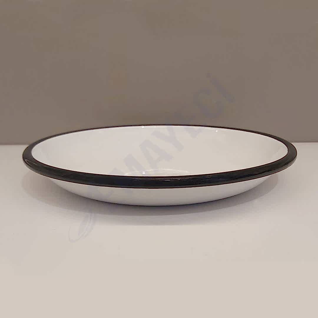 Emaye Derin Düz Servis Tabağı Beyaz Siyah