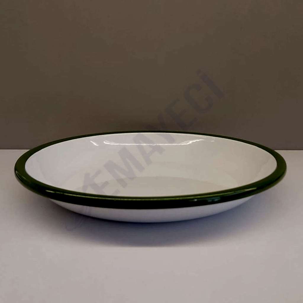 Emaye Derin Düz Servis Tabağı Beyaz Yeşil