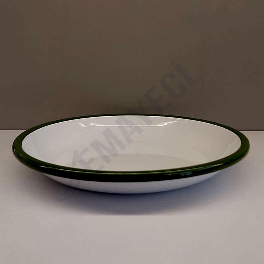 Emaye Derin Düz Servis Tabağı Beyaz Yeşil