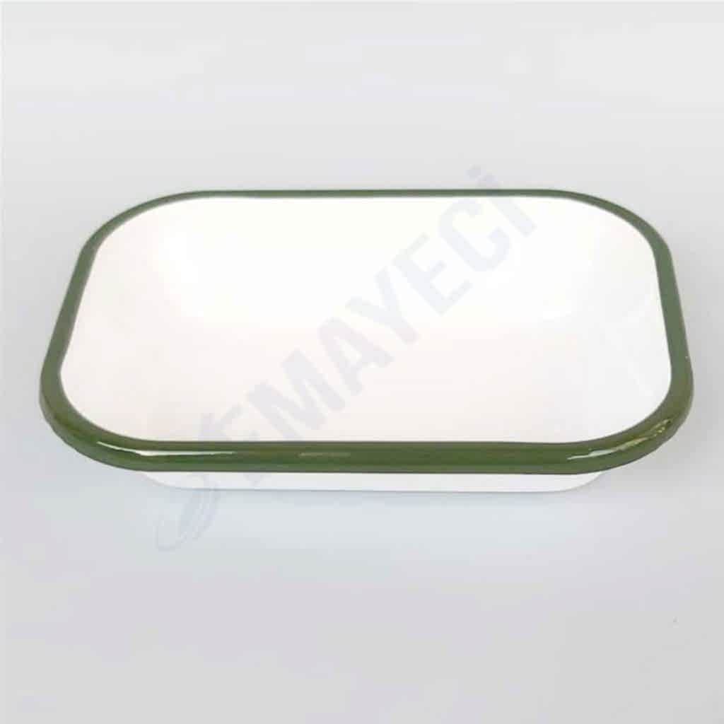 Emaye Dikdörtgen Meze Tabağı Beyaz Kordon Asker Yeşili