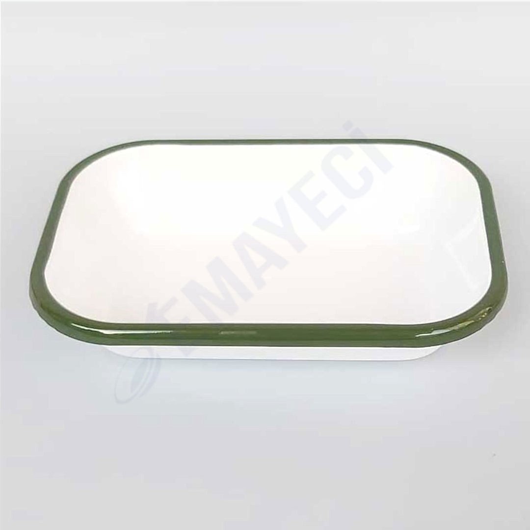 Emaye Dikdörtgen Meze Tabağı Beyaz Kordon Asker Yeşili