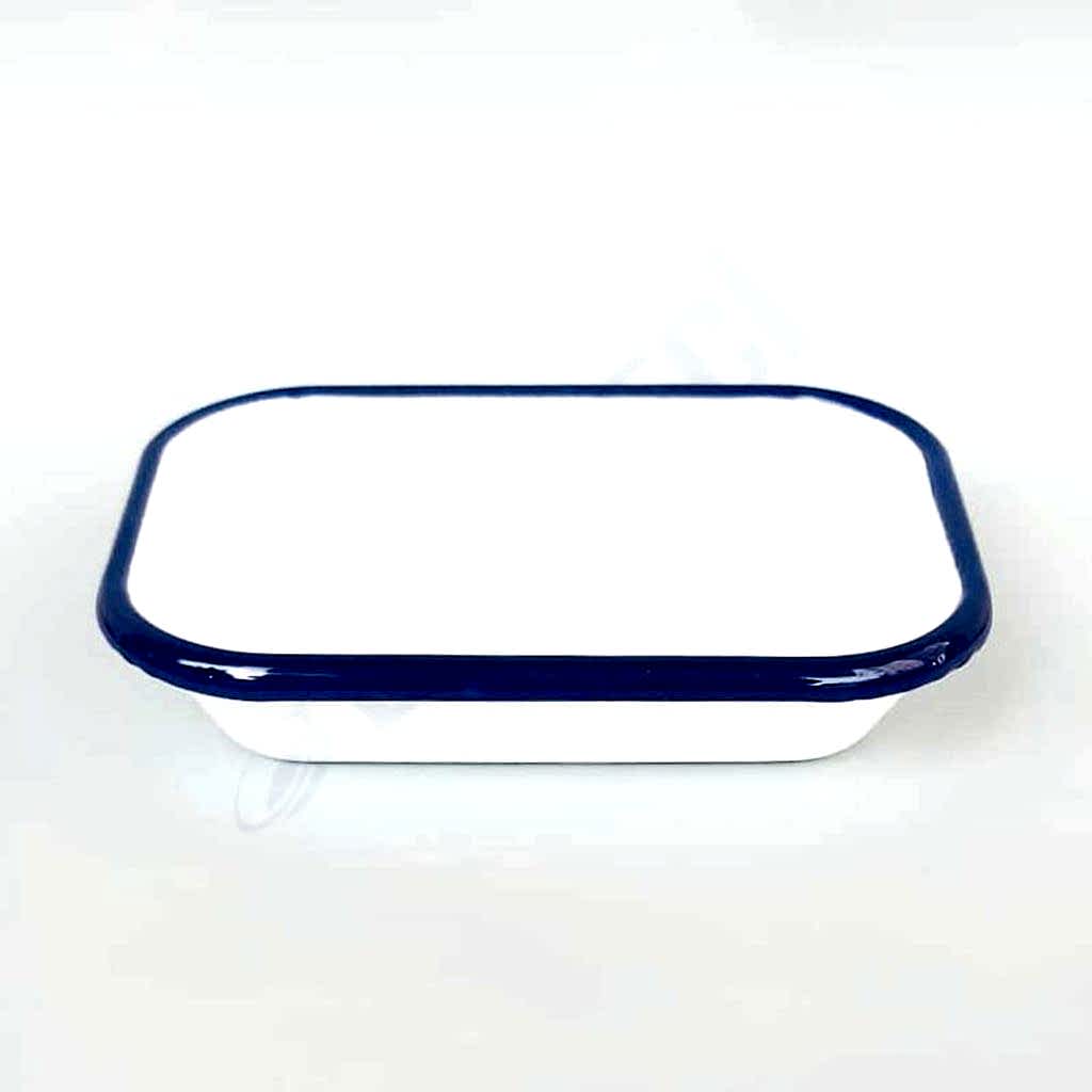 Emaye Dikdörtgen Meze Tabağı Beyaz Kordon Lacivert