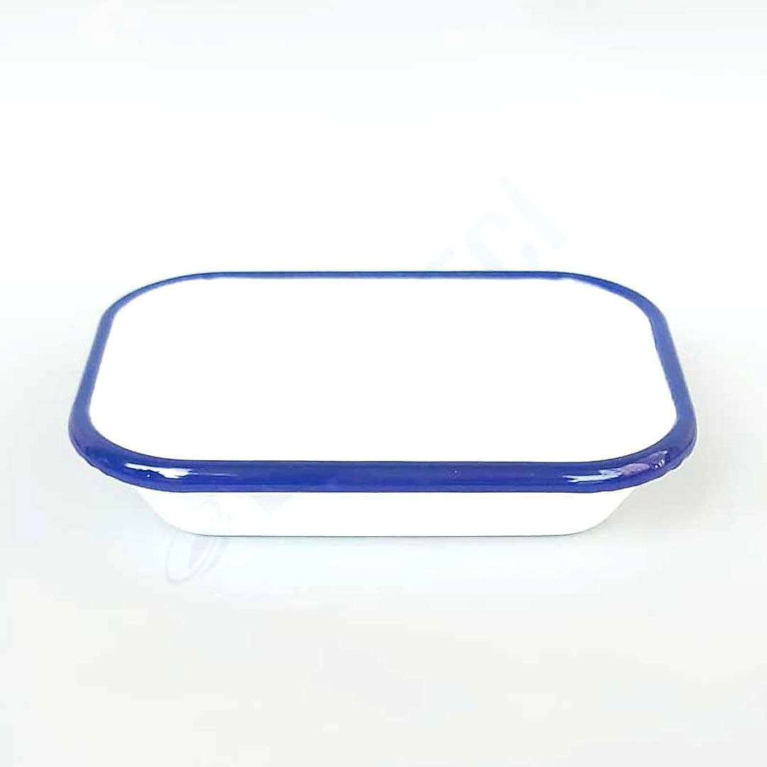 Emaye Dikdörtgen Meze Tabağı Beyaz Kordon Lacivert