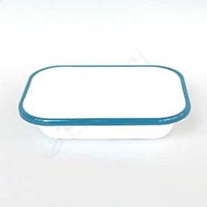 Emaye Dikdörtgen Meze Tabağı Beyaz Kordon Mavi