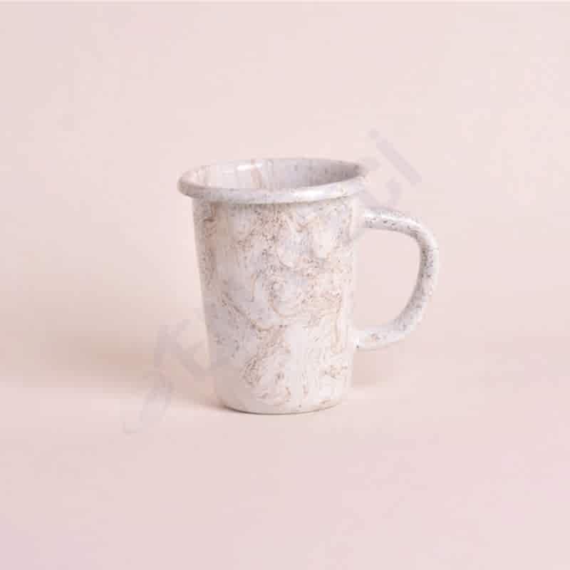 Emaye Kulplu Küçük Bardak Ebruli Desen Kahve Beyaz