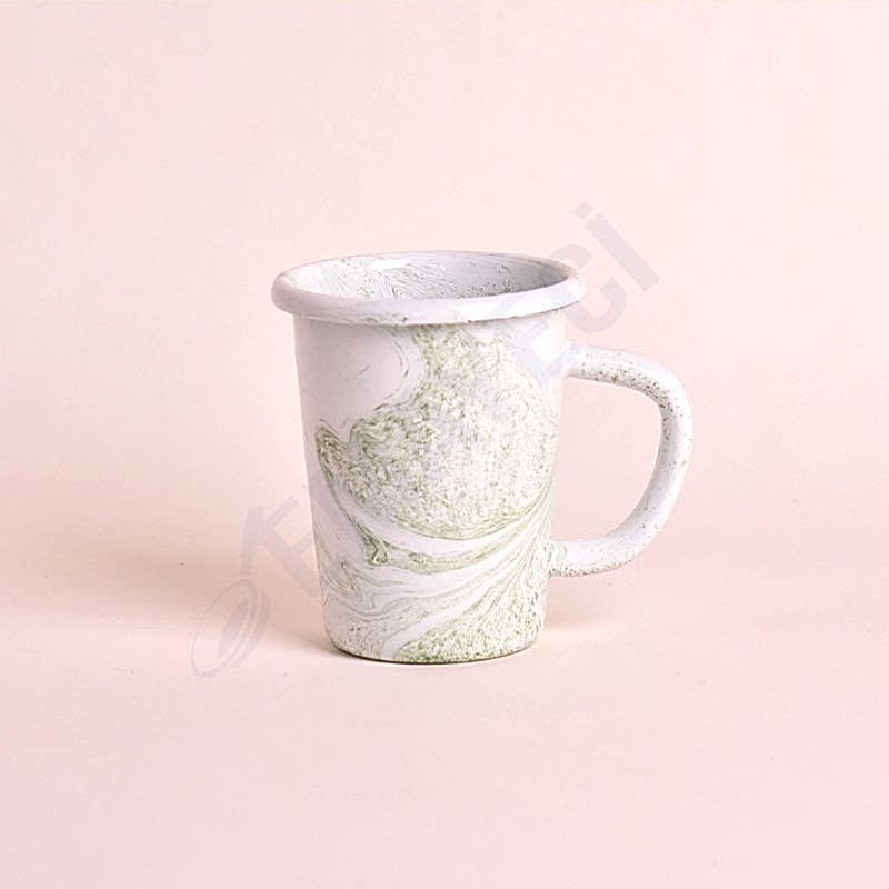 Emaye Kulplu Küçük Bardak Ebruli Desen Yeşil Beyaz